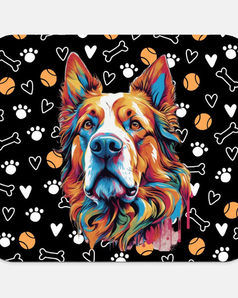 Black mousepad with bold dog artwork, paw prints, bones, hearts, and tennis balls. A vibrant gift for animal lovers and colorful desk fans.