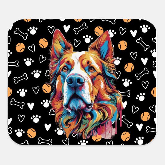 Black mousepad with bold dog artwork, paw prints, bones, hearts, and tennis balls. A vibrant gift for animal lovers and colorful desk fans.