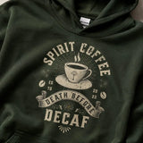 Dark green hoodie with 'Spirit Coffee' graphic design on a neutral background 