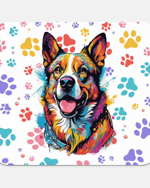 Vibrant mousepad featuring a smiling dog and rainbow paw prints. A fun, expressive gift for pet parents and bright desk lovers.
