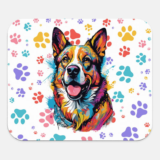 Vibrant mousepad featuring a smiling dog and rainbow paw prints. A fun, expressive gift for pet parents and bright desk lovers.
