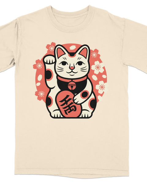 Cream t-shirt with a Maneki-neko cat design and cherry blossoms.