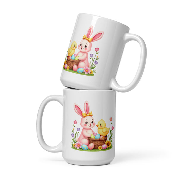 Easter Bunny & Chick Floral Basket Coffee Mug 15 oz