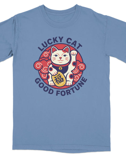 Blue t-shirt with a circular design of a "lucky cat" with "good fortune" text.