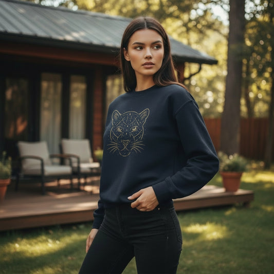 Woman wearing a navy blue sweatshirt with a cat design in a garden setting