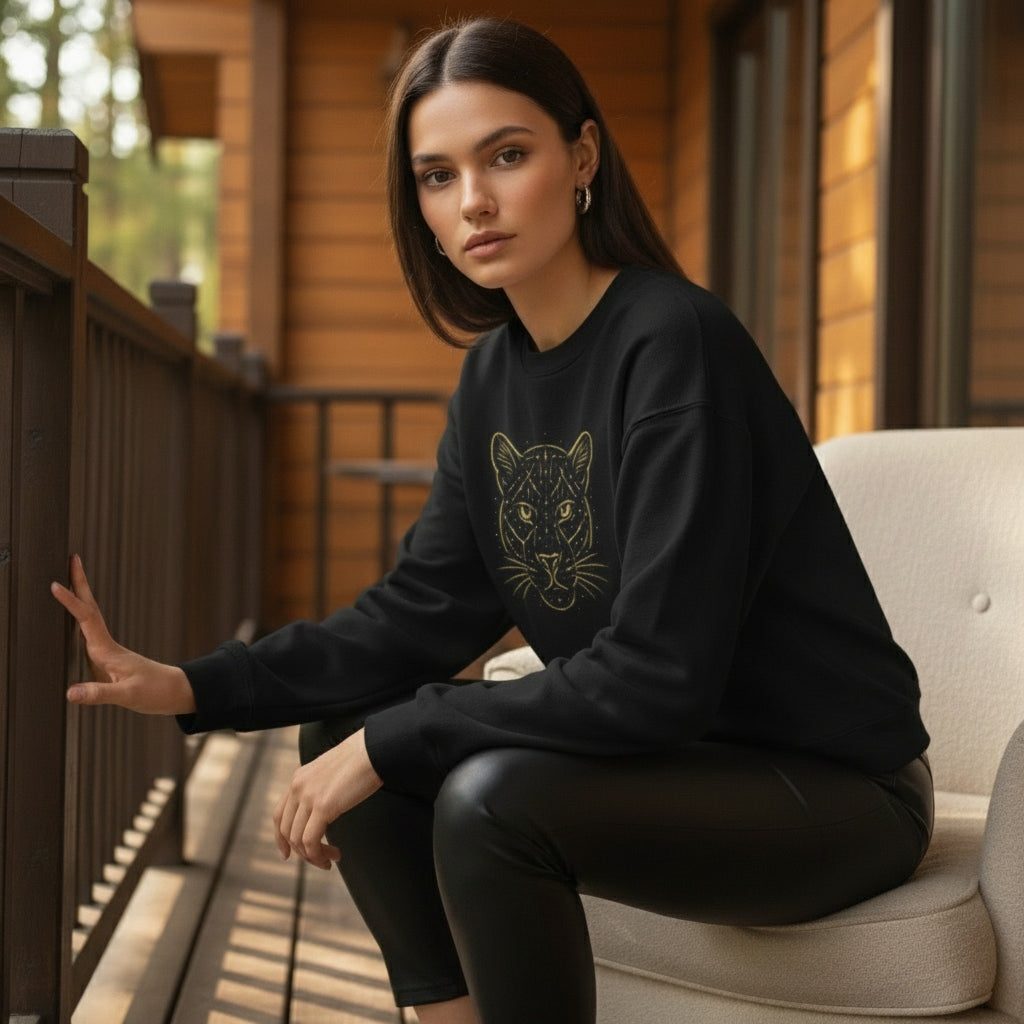 Woman wearing a black sweatshirt with a cat design, sitting on a chair outdoors.