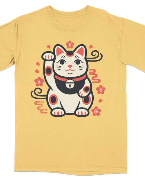 Yellow t-shirt with a cartoon beckoning cat illustration wearing a bell collar.