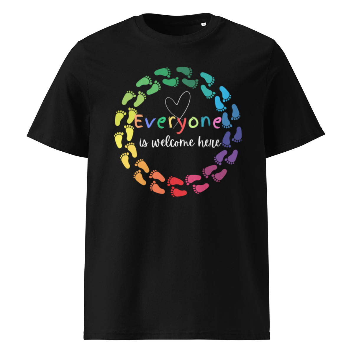 Everyone is Welcome Here rainbow footprint circle, equity and inclusion cotton tshirt in black.