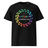 Everyone is Welcome Here rainbow footprint circle, equity and inclusion cotton tshirt in black.