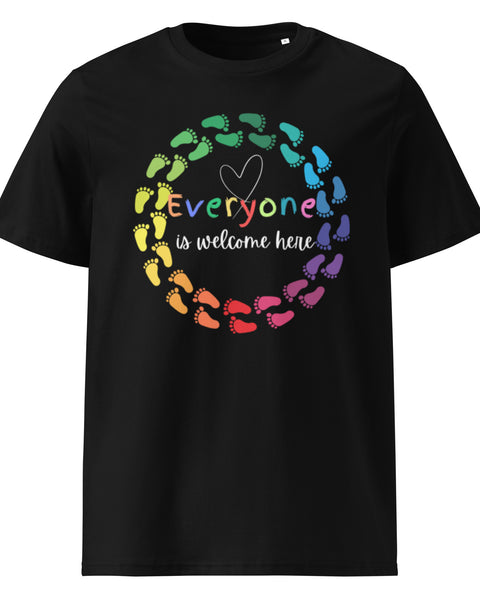 Everyone is Welcome Here rainbow footprint circle, equity and inclusion cotton tshirt in black.