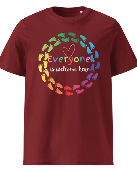Everyone is Welcome Here rainbow footprint circle, equity and inclusion cotton tshirt in burgundy.