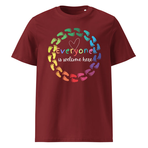 Everyone is Welcome Here rainbow footprint circle, equity and inclusion cotton tshirt in burgundy.