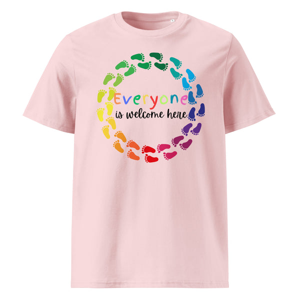 Everyone is Welcome Here rainbow footprint circle, equity and inclusion cotton tshirt in cotton pink.