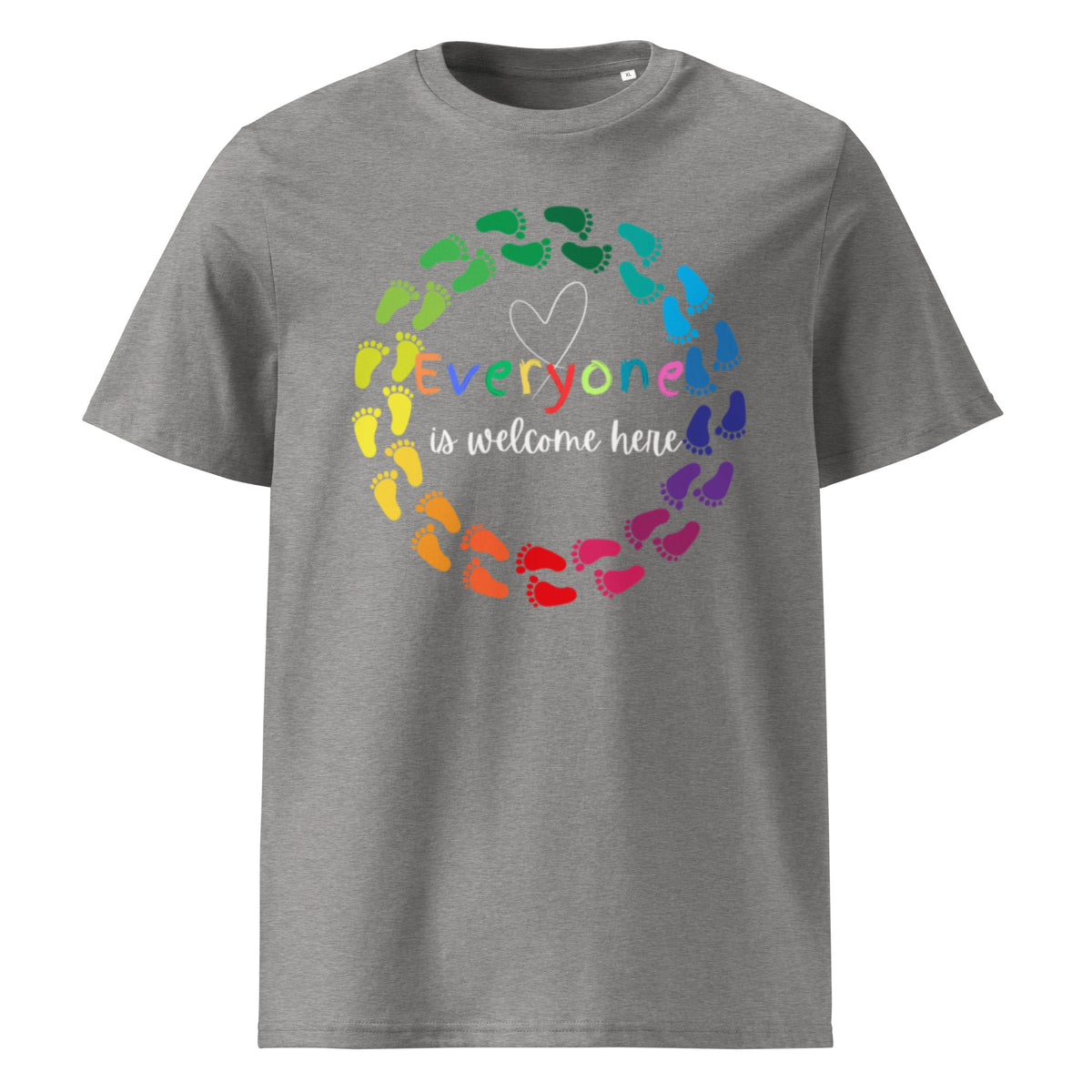 Everyone is Welcome Here rainbow footprint circle, equity and inclusion cotton tshirt in heather gray.