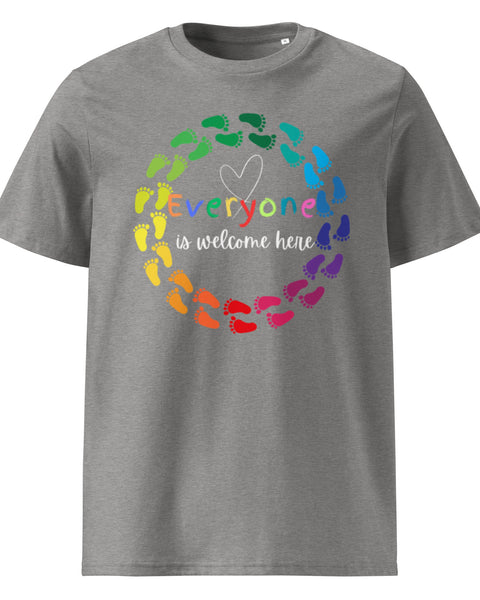 Everyone is Welcome Here rainbow footprint circle, equity and inclusion cotton tshirt in heather gray.