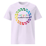 Everyone is Welcome Here rainbow footprint circle, equity and inclusion cotton tshirt in lavender.