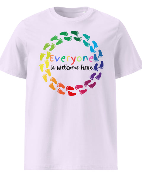 Everyone is Welcome Here rainbow footprint circle, equity and inclusion cotton tshirt in lavender.