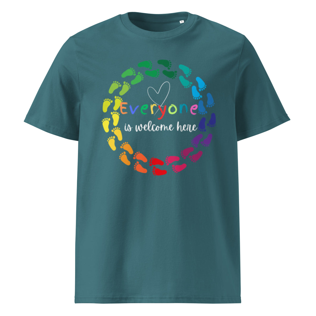 Everyone is Welcome Here rainbow footprint circle, equity and inclusion cotton tshirt in stargazer blue.