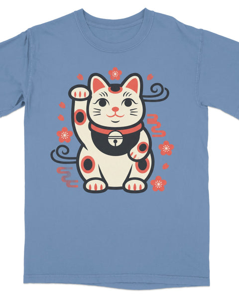 Maneki-neko lucky cat illustration with cherry blossoms on a blue t-shirt.
