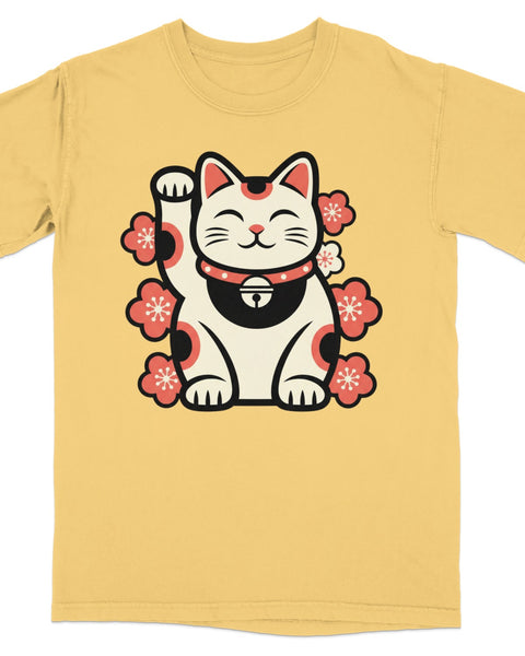 Yellow t-shirt with a Maneki-neko cat illustration surrounded by pink flowers.