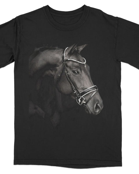Black t-shirt with a close-up portrait of a horse's head.