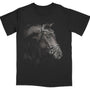 Black t-shirt with a close-up portrait of a horse's head.