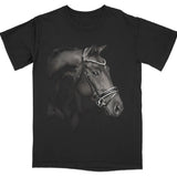Black t-shirt with a close-up portrait of a horse's head. Black