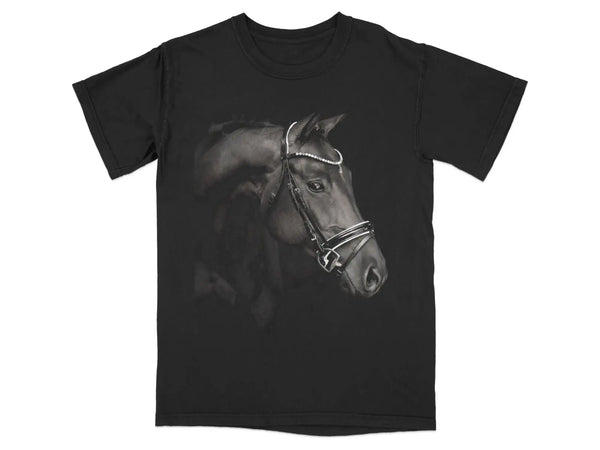Black t-shirt with a close-up portrait of a horse's head. Black