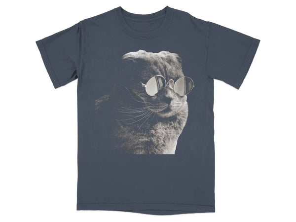 T-shirt with graphic of a cat wearing sunglasses. Navy