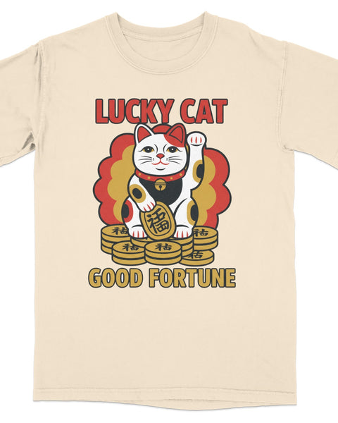 Cream t-shirt with lucky cat graphic and "GOOD FORTUNE" text.