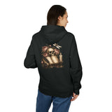 Back of black hoodie with skull, book, candle, and floral design. 