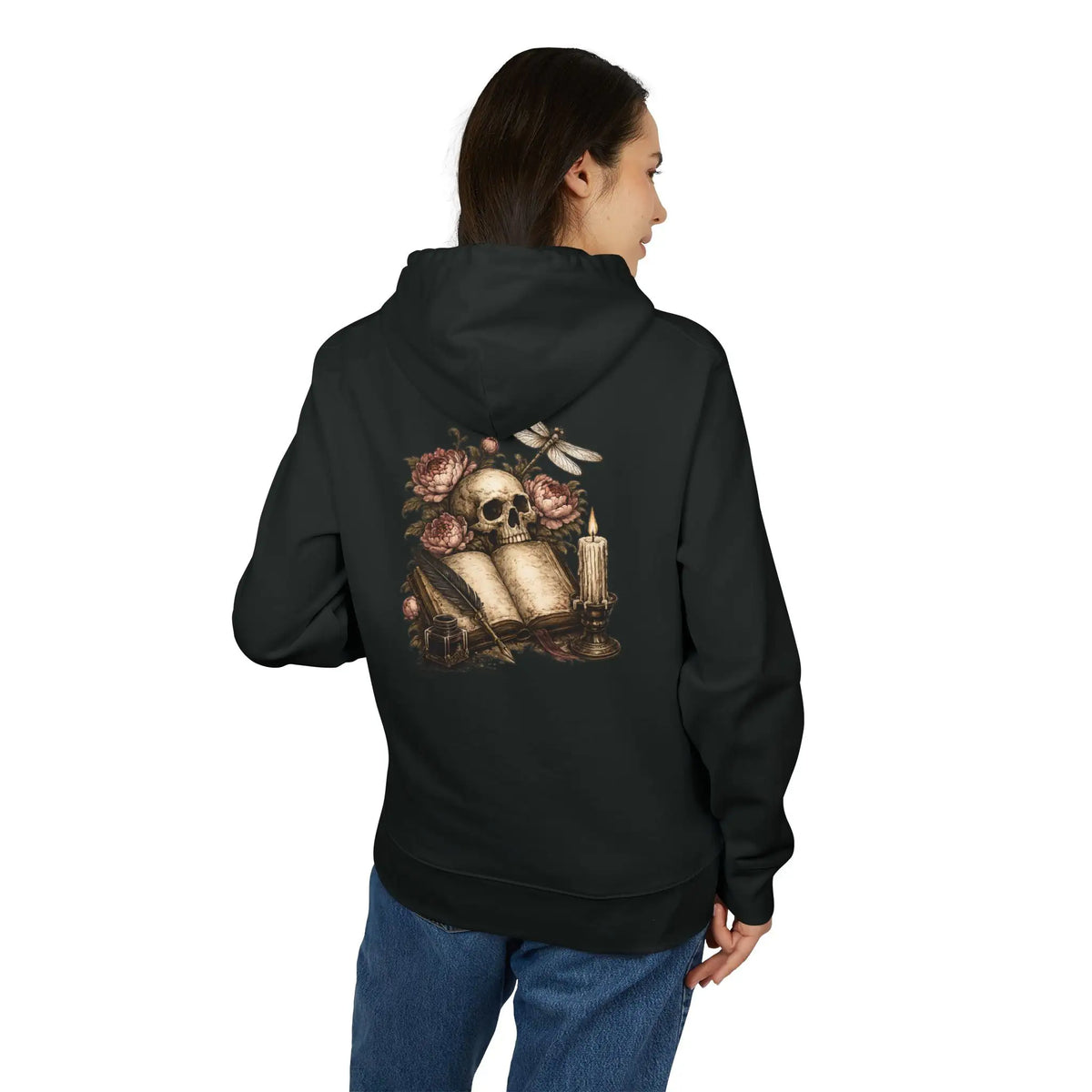 Back of black hoodie with skull, book, candle, and floral design. 