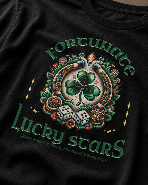 Black t-shirt with a green and white graphic design featuring a clover, dice, and text on a beige background.