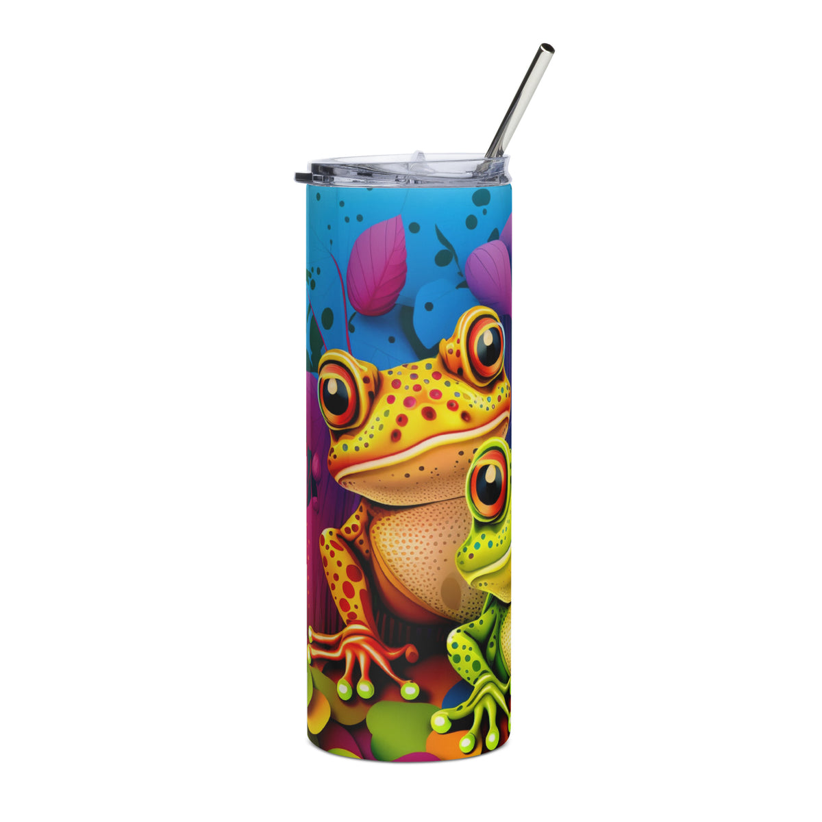 Groovy Frog Tumbler with metal straw left side view. 