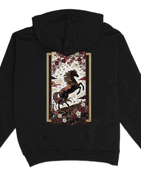 Black Horse & Cherry Blossom Graphic Hoodies