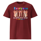 Everyone is Welcome Here hands and hearts, equity and inclusion cotton tshirt in bugundy.