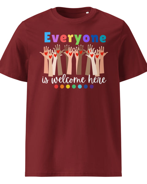Everyone is Welcome Here hands and hearts, equity and inclusion cotton tshirt in bugundy.