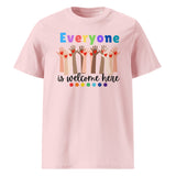 Everyone is Welcome Here hands and hearts, equity and inclusion cotton tshirt in pink.