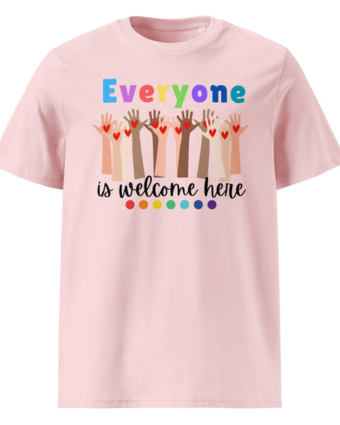 Everyone is Welcome Here hands and hearts, equity and inclusion cotton tshirt in pink.
