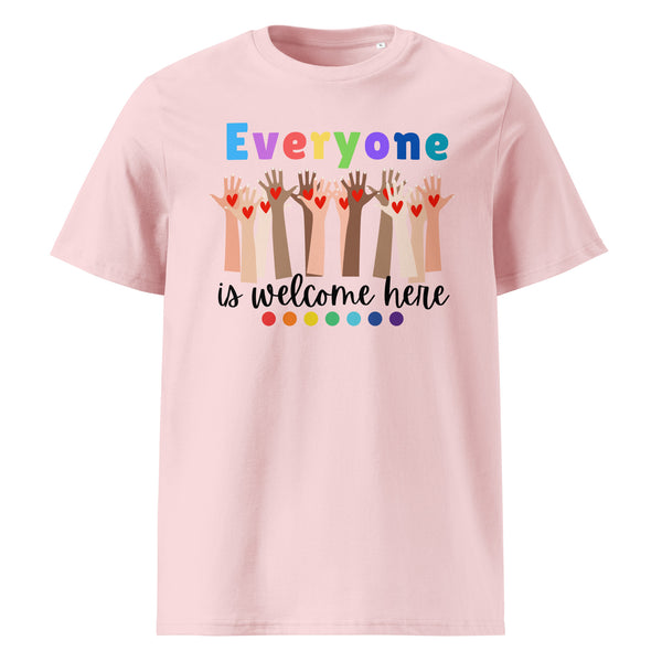Everyone is Welcome Here hands and hearts, equity and inclusion cotton tshirt in pink.