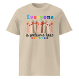 Everyone is Welcome Here hands and hearts, equity and inclusion cotton tshirt in desert dust color.