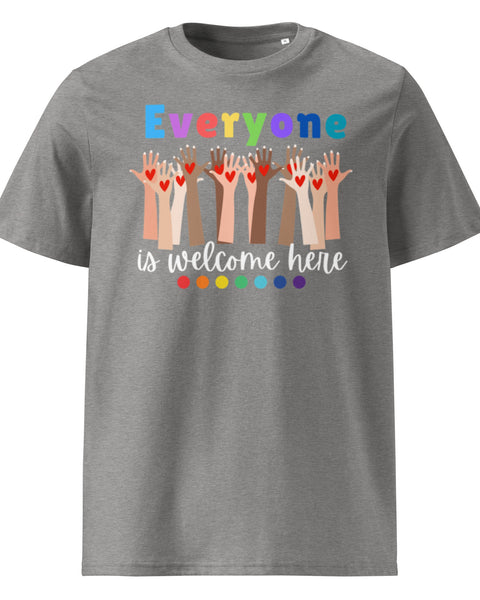 Everyone is Welcome Here hands and hearts, equity and inclusion cotton tshirt in heather gray.