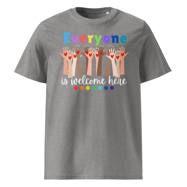 Everyone is Welcome Here hands and hearts, equity and inclusion cotton tshirt in heather gray.