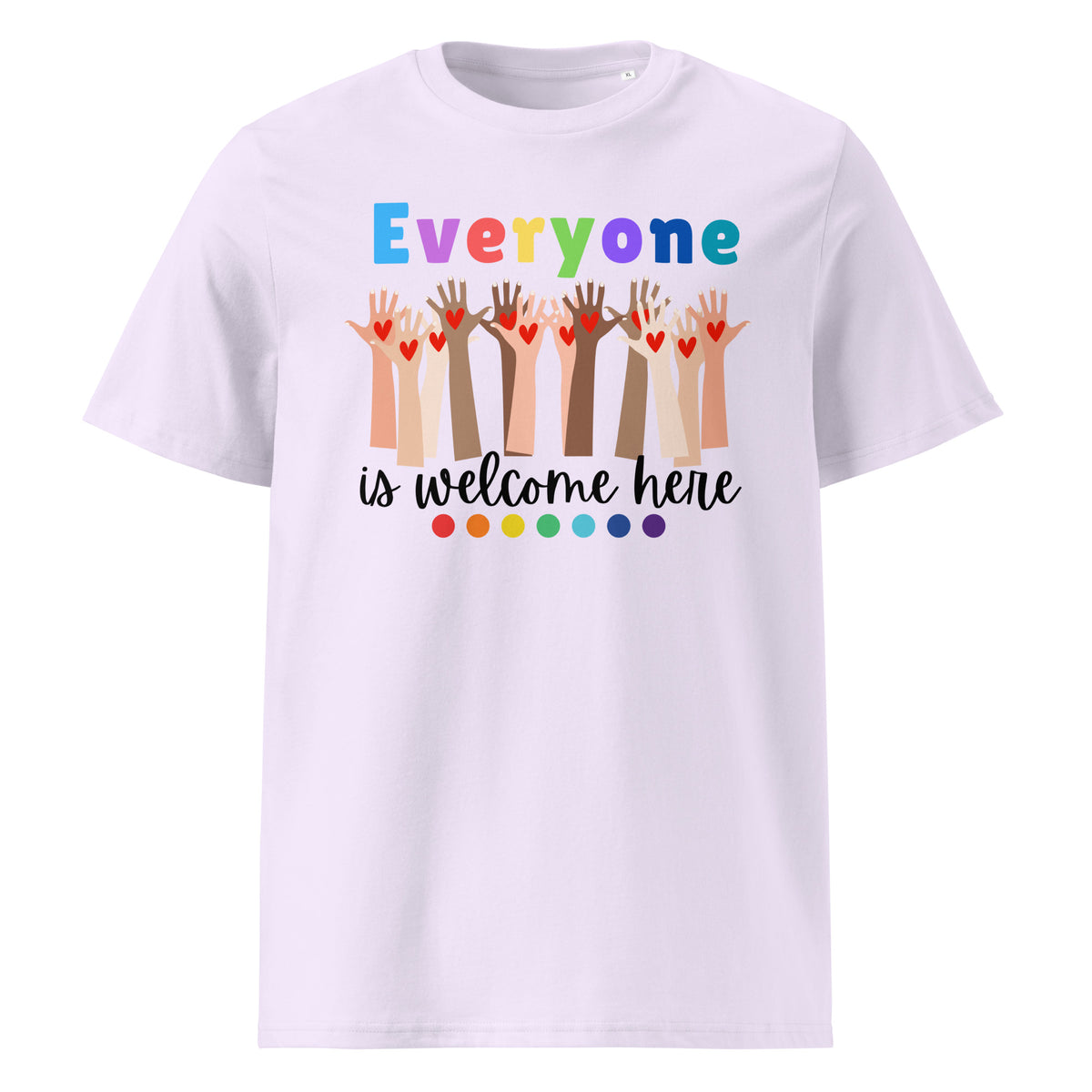 Everyone is Welcome Here hands and hearts, equity and inclusion cotton tshirt in lavender.