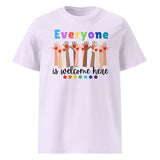 Everyone is Welcome Here hands and hearts, equity and inclusion cotton tshirt in lavender.
