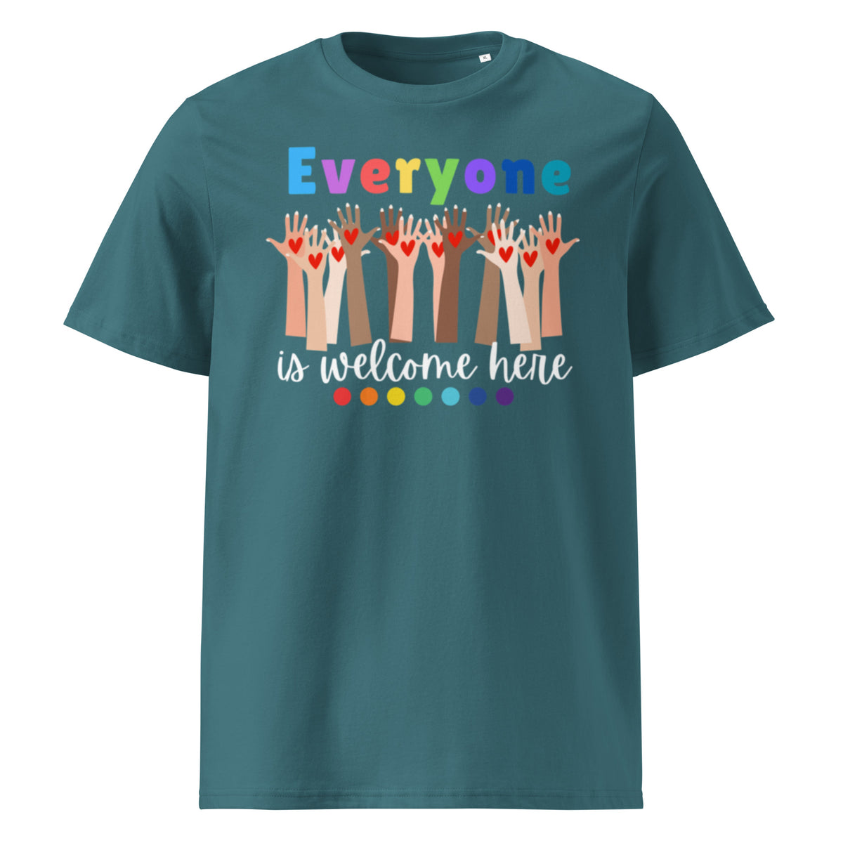 Everyone is Welcome Here hands and hearts, equity and inclusion cotton tshirt in stargazer blue.
