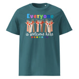 Everyone is Welcome Here hands and hearts, equity and inclusion cotton tshirt in stargazer blue.