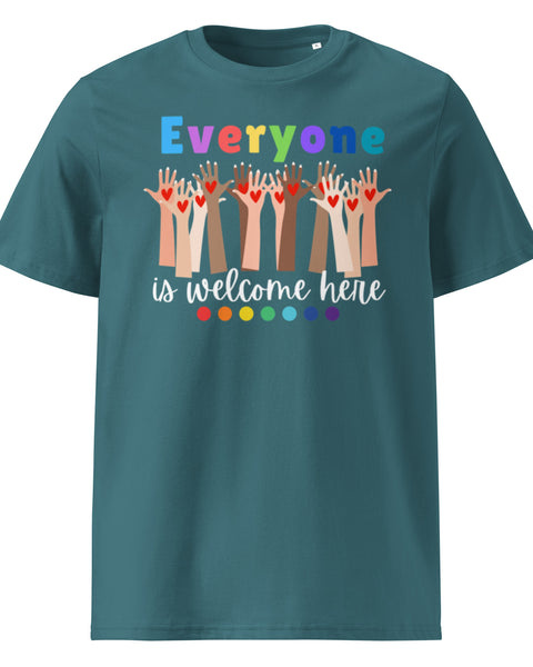 Everyone is Welcome Here hands and hearts, equity and inclusion cotton tshirt in stargazer blue.