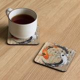 Koi cork backed coaster on table