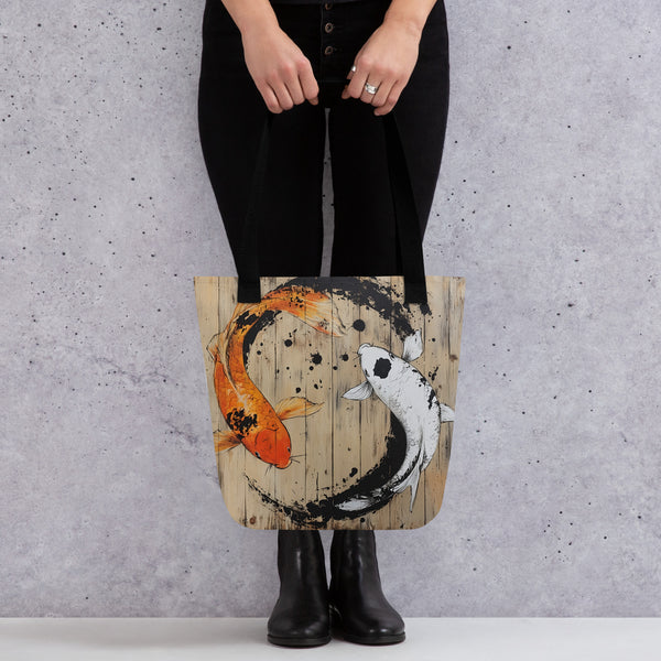 Koi tote bag being held by model